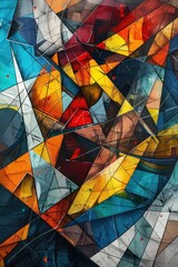 Intertwine Cubism with a worms-eye view to delve into the complexities of perception and reality Utilize sharp angles and fragmented forms to create a visually striking