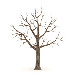 Obraz premium A photorealistic 3D model of a leafless tree, with jagged, brittle branches splayed in various directions. The tree's cracked and weathered bark highlights its age and resilience, rendered in fine