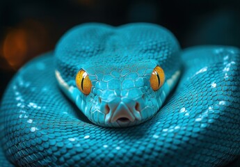 Fototapeta premium Stunning close-up of a vibrant turquoise snake with striking yellow eyes, showcasing intricate scales and a mesmerizing texture in a dark background environment