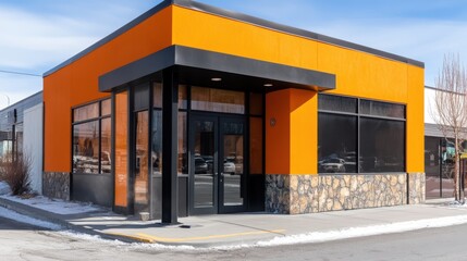 Striking modern architecture, building with a mysterious black door entrance in urban setting