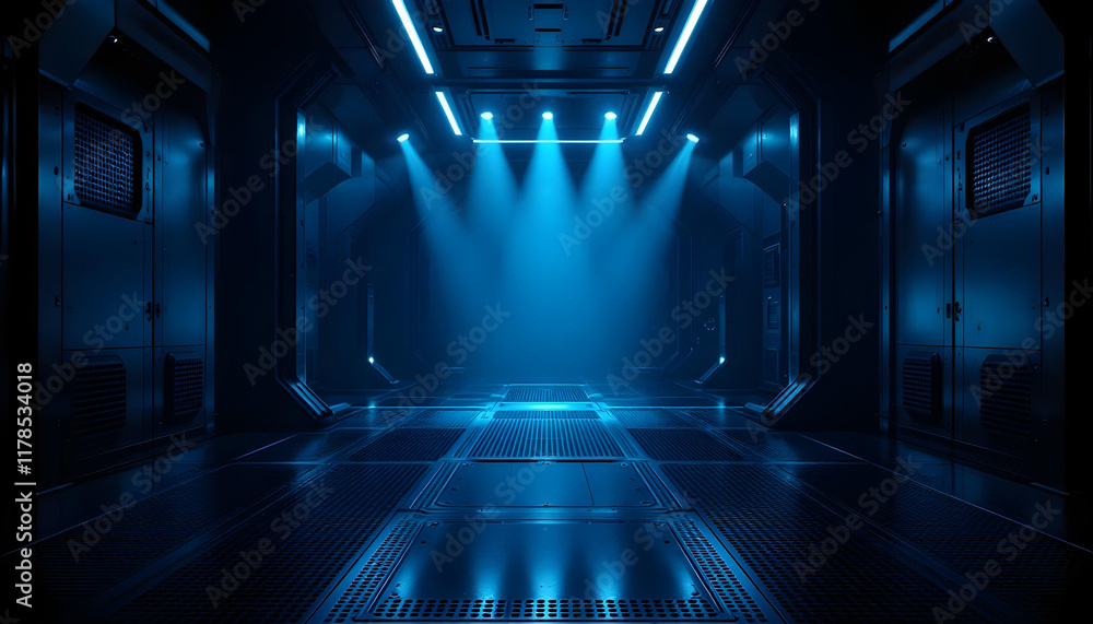 Poster abstract blue and black are light patterns with a gradient with a floor wall metal texture and soft 
