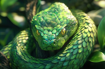 Fototapeta premium Stunning Green Snake Coiled Among Lush Green Leaves in a Tropical Jungle, Showcasing Intricate Scale Patterns and Vibrant Colors in Nature