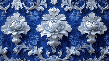 3D white floral baroque pattern on blue damask background.