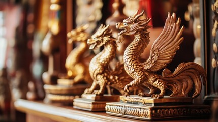 Elegant Golden Dragon Statues in Artistic Display