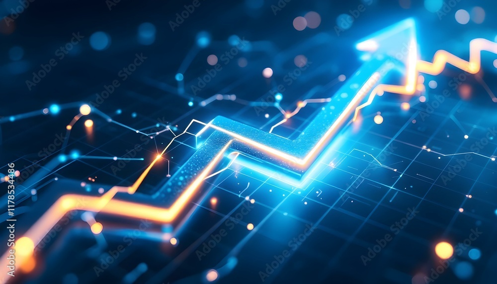 Poster Abstract blue arrow glowing with lighting and line grid on blue background technology hi-tech concept. Abstract glowing blue arrow with illuminated lines and grid on deep blue background in low light