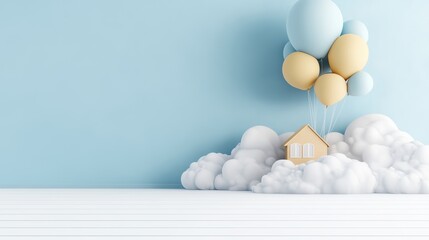 Whimsical floating house adventure, a dreamlike journey through the clouds with colorful balloons
