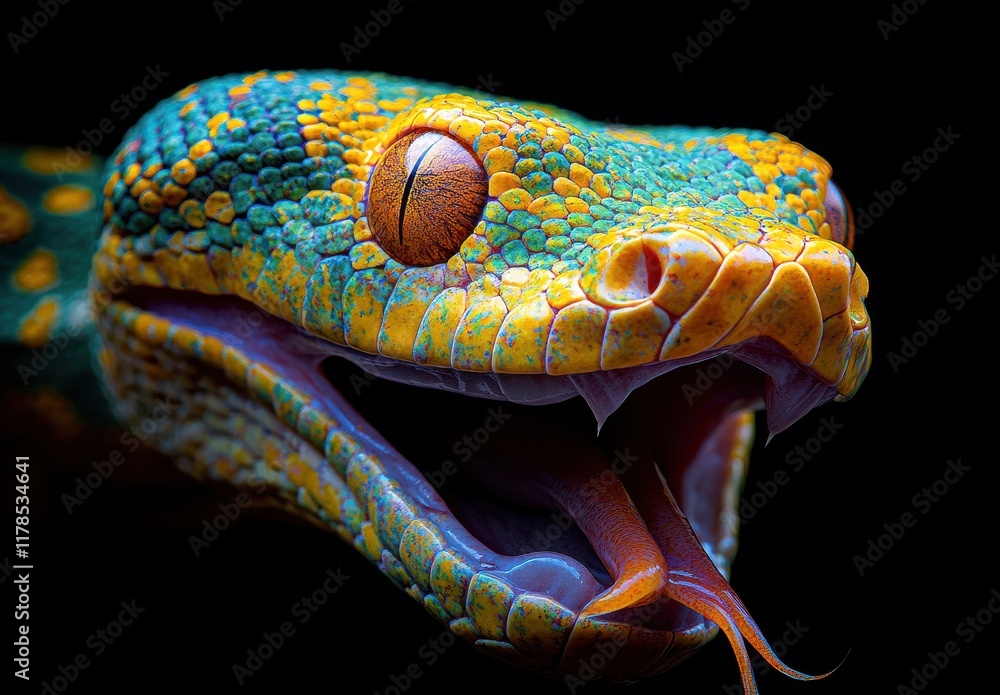 Poster vibrant close-up of a colorful serpent with intricate patterns and an expressive face captured again