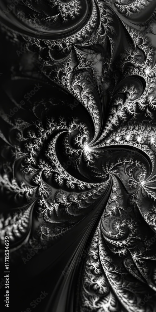 Poster a mesmerizing black and white fractal image showcasing intricate swirling patterns and complex geome