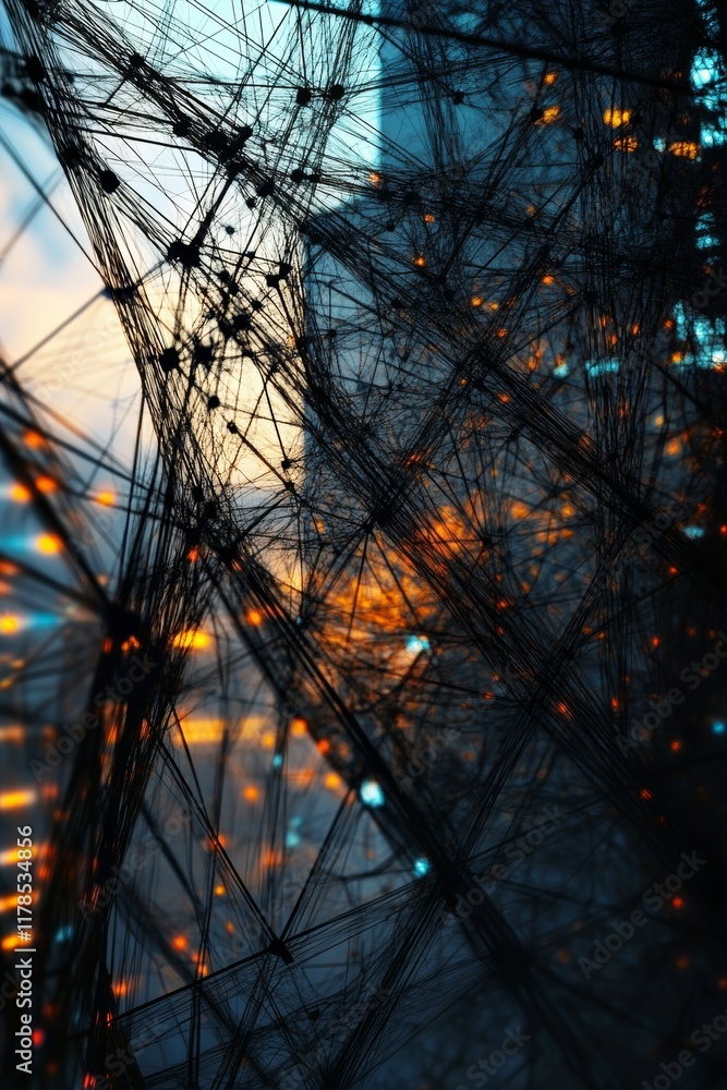 Poster an evocative abstract representation of data mesh exploring connections against a blurred urban back