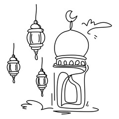 Intricate mosque and crescent moon line illustrations with hanging lanterns. Ideal for greeting cards, posters, and Islamic holiday decorations