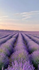 Obraz premium Tranquil lavender fields under a clear daytime sky, with rows of purple flowers stretching to the horizon. Captures the tranquility and beauty of nature