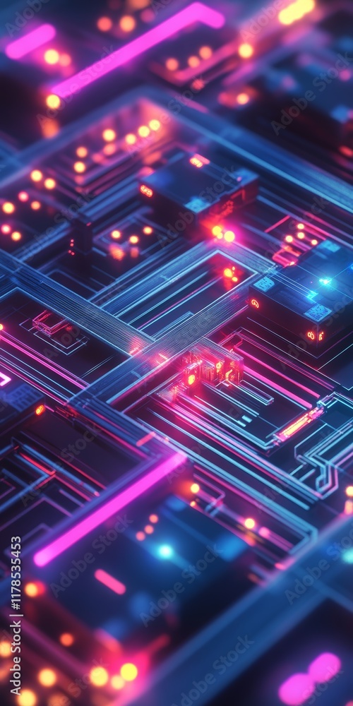 Poster Explore an isometric view of a vibrant virtual data world featuring intricate circuit patterns and glowing neon lights.