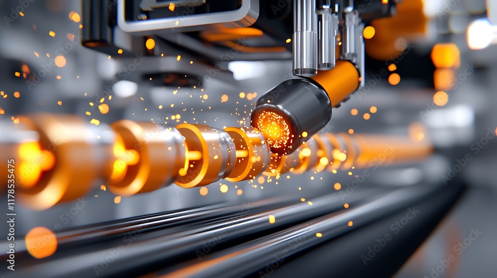 Poster robotic arm assembling metallic parts on automated production line with sparks.