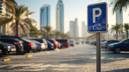 A parking sign stands in a lot with cars and skyscrapers in the background.