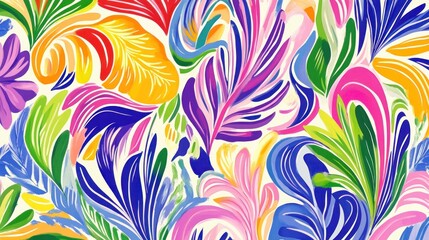 Vibrant colorful floral pattern, abstract art background with stylized leaves and flowers.