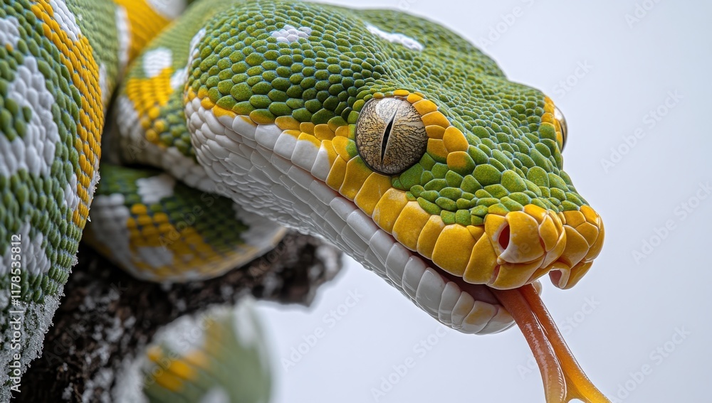 Poster vibrant green tree python with striking yellow and white patterns, captured in close-up, showcasing 