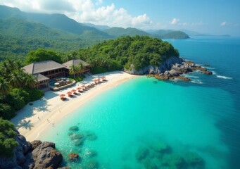 Naklejka premium Beautiful tropical beach with clear water and lush greenery near luxurious resort