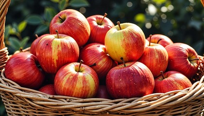 A Beautiful Display of Ripe and Colorful Apples in a Wicker Basket for Healthy Eating Inspiration
