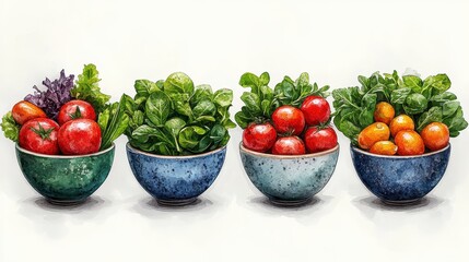 Four bowls of fresh tomatoes and greens.