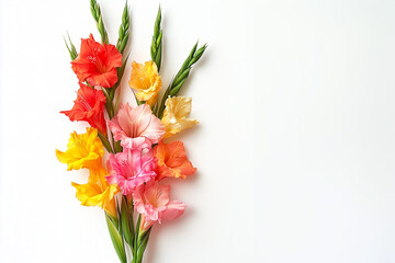 Bouquet of gladiolus flowers on a white background with copy space