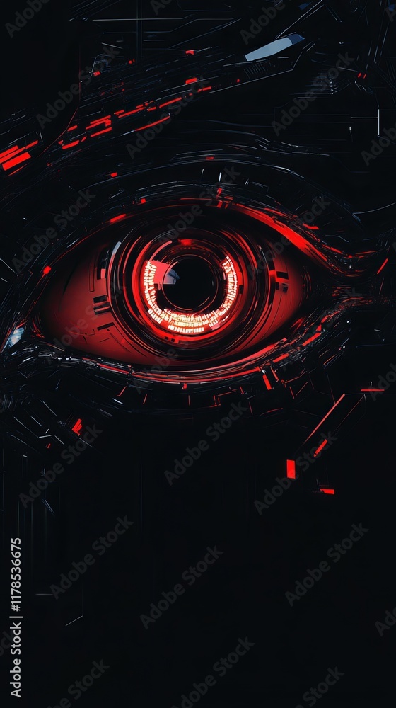 Poster Close up of a red eye with a glowing light in the center. The eye is surrounded by a dark background