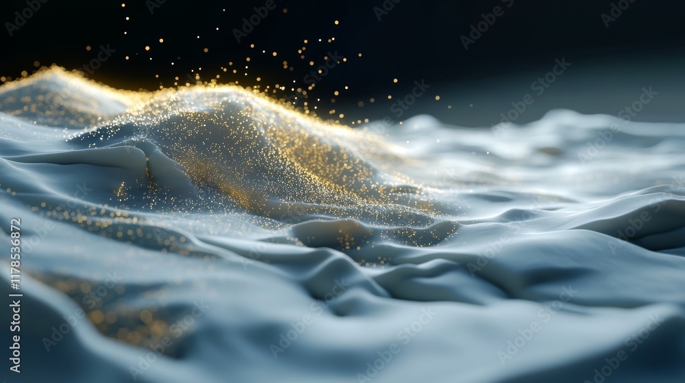 Poster realistic data points visualization over flowing surface with dynamic particles and stunning light e