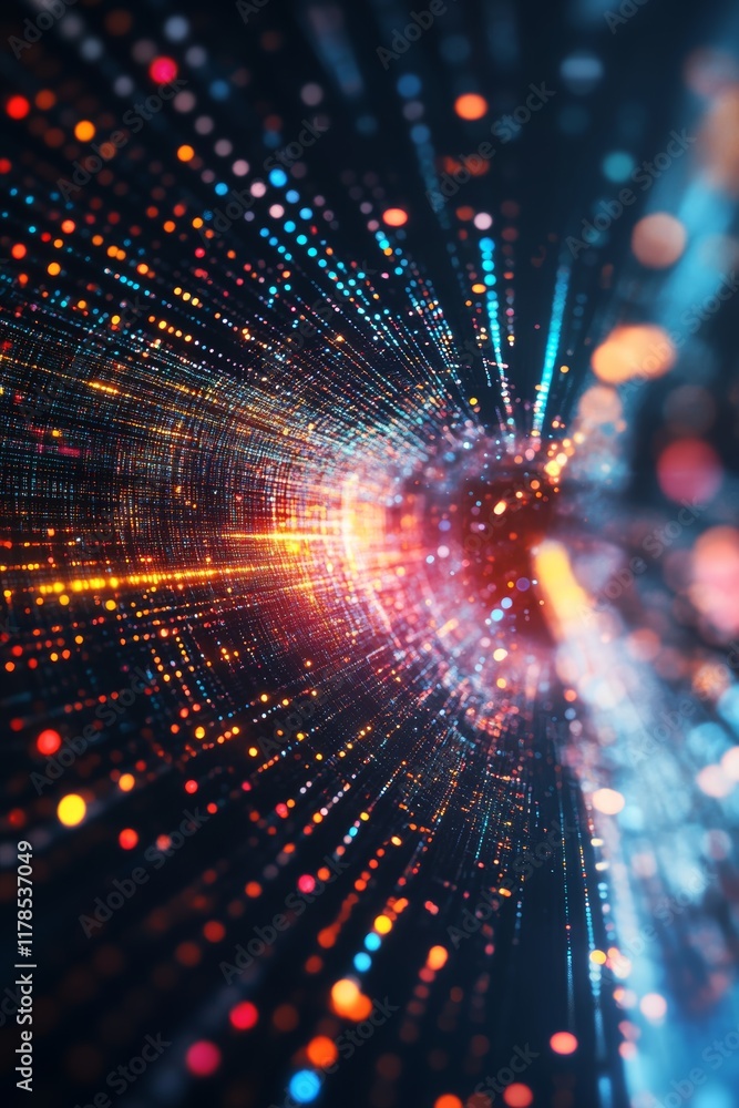 Poster colorful digital data stream abstract background with illuminated particles and vibrant light effect