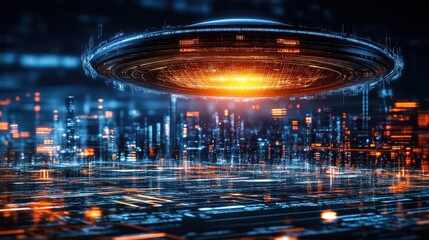 Futuristic UFO Over Neon Cityscape at Night