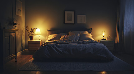 Cozy bedroom with charcoal walls and soft bedding, warm lighting