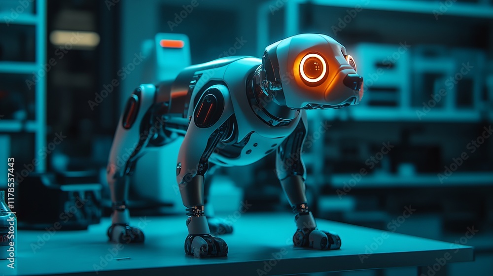 Poster a sleek robotic dog with illuminated eyes stands on a table in a modern tech lab, showcasing advance