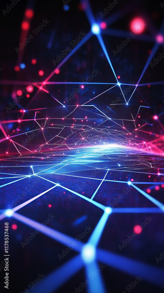 Poster abstract representation of a digital network with interconnected glowing lines and nodes in a vibran