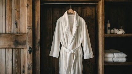 Naklejka premium Freshly laundered white bathrobe hung gracefully in a rustic wooden wardrobe with subtle luxury details in the background.