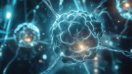 Glowing Cells in Abstract Scientific Environment