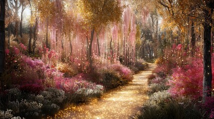 Naklejka premium A boundless cosmic garden where the ground glows with radiant stardust, forming intricate constellations. Floating plants with shimmering leaves sway gently in the ethereal breeze, while golden 