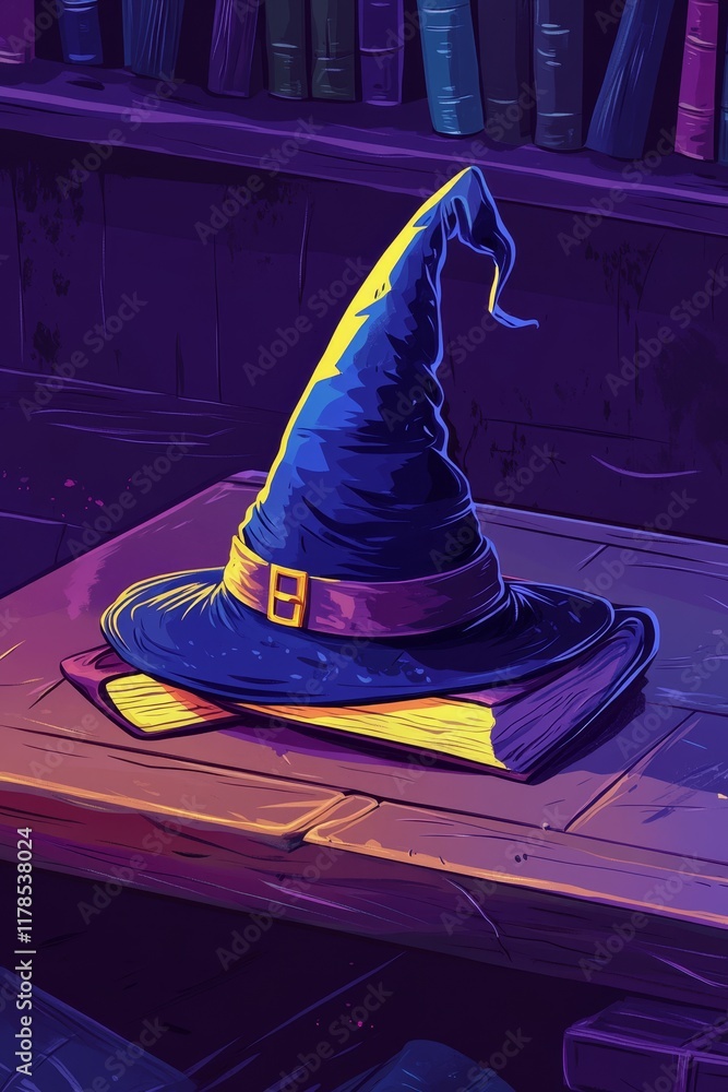 Poster magical wizard hat on a book in a mysterious library setting