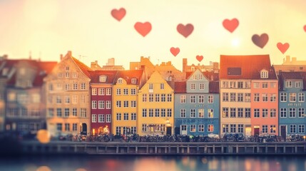 Obraz premium A picturesque waterfront scene with colorful houses and floating hearts, evoking romance.