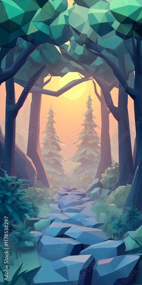 Poster a computer generated image of a forest with a path leading through it. the path is lined with trees 