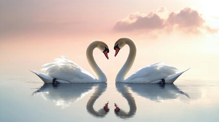 The two swans face each other, their necks forming a heart shape on the water, with soft reflections in the calm water against a serene pink background.      
