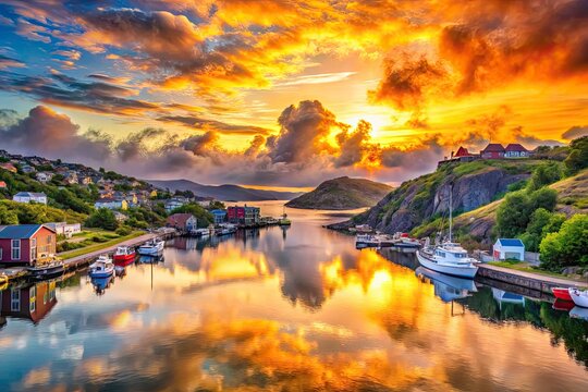 St. John's Harbour Sunrise Macro Photography: Calm Waters, Orange Sky, Mountain Scenery