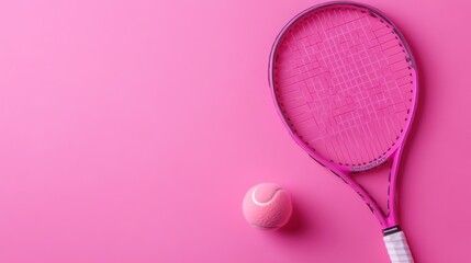 A pink tennis racket and ball on a vibrant pink background.