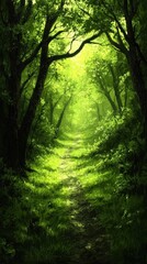 Naklejka premium A celestial forest where the canopy glows with radiant vines that stretch between towering trees. The forest floor is alive with shimmering mushrooms and glowing pathways, leading to a crystalline 