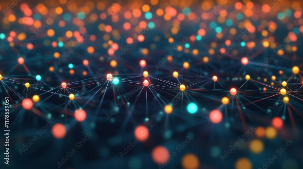 Poster isometric projection of colorful nodes in network concept representing big data connections and rela