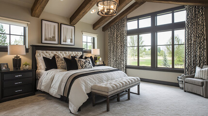Elegant farmhouse bedroom with rustic wooden beams and plush bedding
