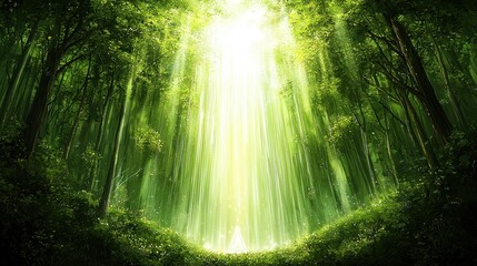 A celestial forest where the trees glow softly with bioluminescent leaves. The forest floor is illuminated by radiant streams of liquid light that flow into a central clearing, where a floating 