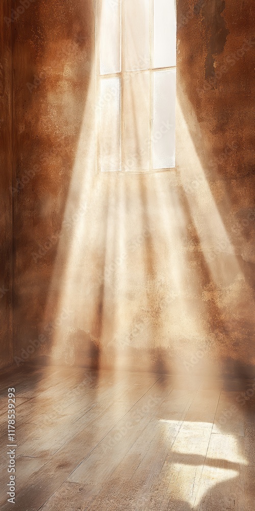 Poster a serene scene showcasing soft radiant light streaming through a rustic window, creating a warm ambi