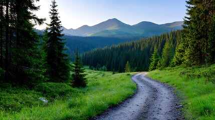 Obraz premium Scenic mountain road winding through lush green forest and meadow at sunrise.