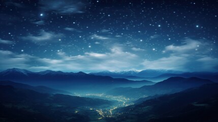 Fototapeta premium A magical starry night scene, glowing stars in a deep, infinite sky, with dynamic, swirling patterns and abstract blue hills below, forming a serene and dreamlike artistic composition. T