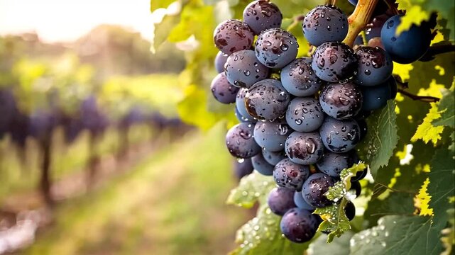 Close-up of dew-covered ripe red grapes on vine in vineyard.