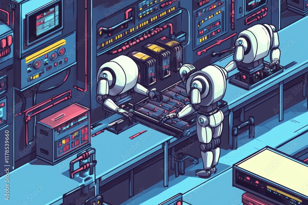 Poster robots operate in a high-tech factory, assembling components with precision on an advanced assembly 