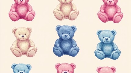 A playful pattern of colorful teddy bears on a light background.